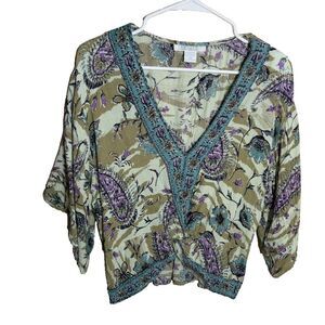 Bunulu Blouse Women's Medium V-Neck Short Sleeve Cropped Floral Boho Top